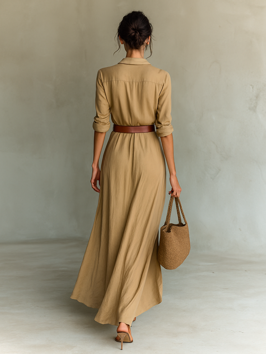 Women’s Lapel Belted Maxi Shirt Dress – Cotton Tencel Long Sleeve Elegant Office Dress