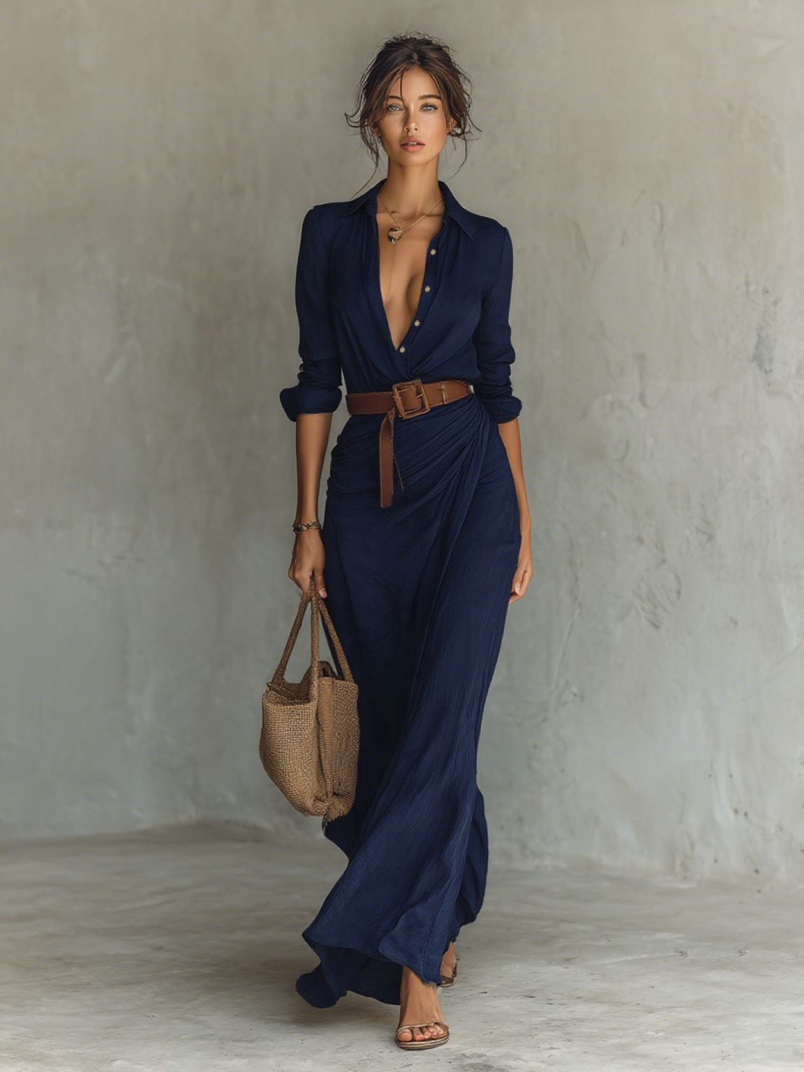 Women’s Lapel Belted Maxi Shirt Dress – Cotton Tencel Long Sleeve Elegant Office Dress