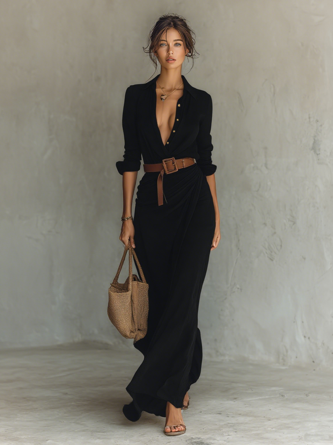 Women’s Lapel Belted Maxi Shirt Dress – Cotton Tencel Long Sleeve Elegant Office Dress