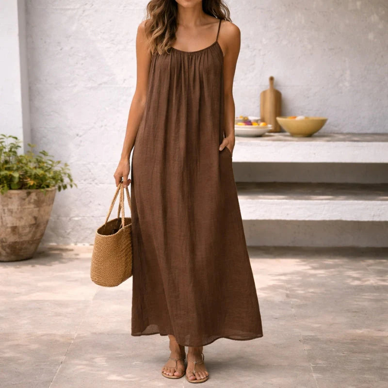 Women’s Linen Cotton Maxi Dress – Open Back Sleeveless Summer Dress with Adjustable Straps