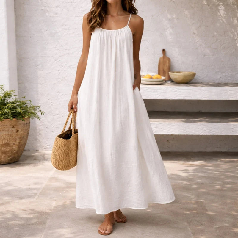 Women’s Linen Cotton Maxi Dress – Open Back Sleeveless Summer Dress with Adjustable Straps