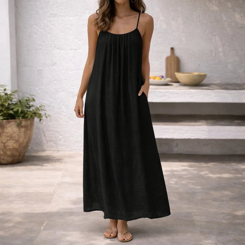 Women’s Linen Cotton Maxi Dress – Open Back Sleeveless Summer Dress with Adjustable Straps