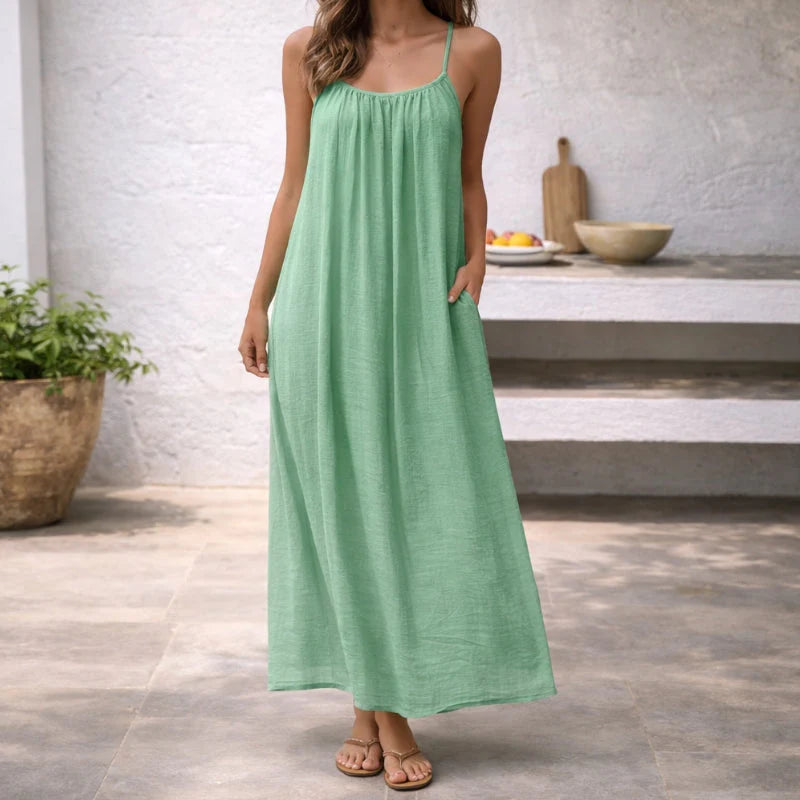 Women’s Linen Cotton Maxi Dress – Open Back Sleeveless Summer Dress with Adjustable Straps