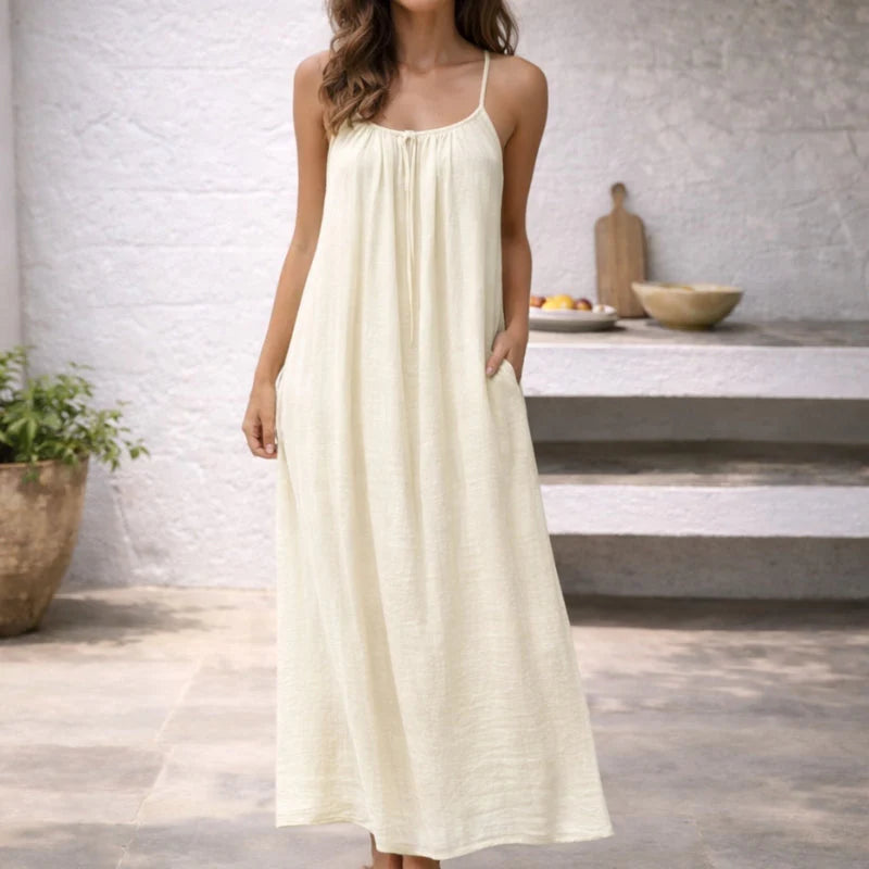 Women’s Linen Cotton Maxi Dress – Open Back Sleeveless Summer Dress with Adjustable Straps