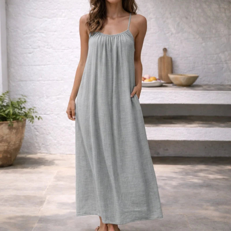 Women’s Linen Cotton Maxi Dress – Open Back Sleeveless Summer Dress with Adjustable Straps
