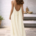 Women’s Linen Cotton Maxi Dress – Open Back Sleeveless Summer Dress with Adjustable Straps