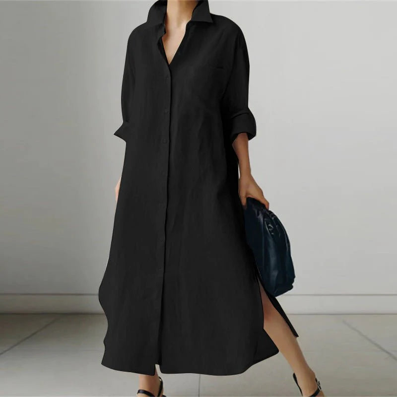 Women’s Long Sleeve Button Down Shirt Dress – Cotton Blend A-Line Midi Dress with Side Slits