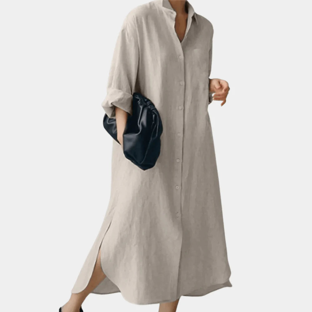 Women’s Long Sleeve Button Down Shirt Dress – Cotton Blend A-Line Midi Dress with Side Slits