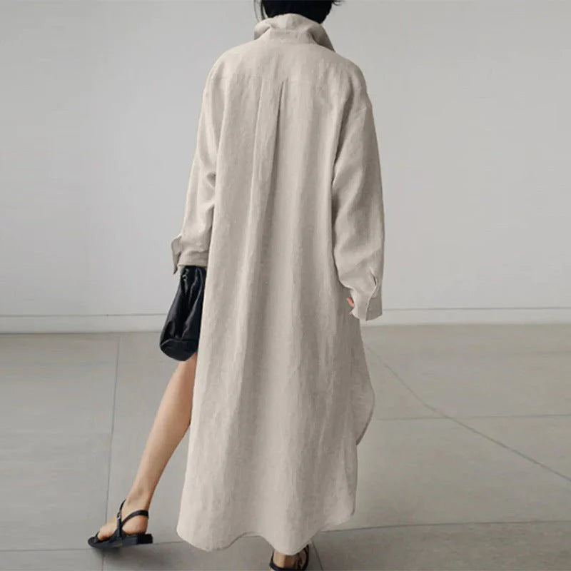 Women’s Long Sleeve Button Down Shirt Dress – Cotton Blend A-Line Midi Dress with Side Slits