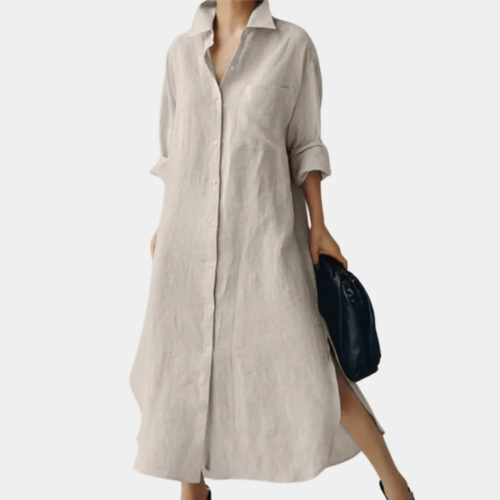 Women’s Long Sleeve Button Down Shirt Dress – Cotton Blend A-Line Midi Dress with Side Slits