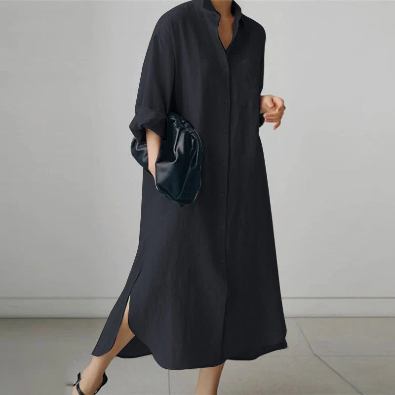 Women’s Long Sleeve Button Down Shirt Dress – Cotton Blend A-Line Midi Dress with Side Slits