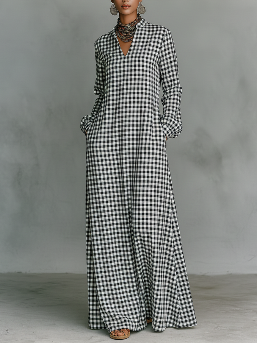 V Neck Long Sleeve Cotton Maxi Dress, Minimalist