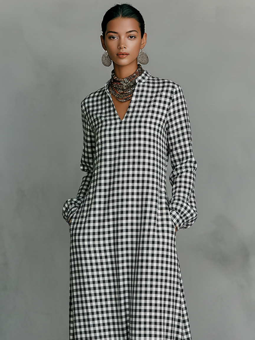 V Neck Long Sleeve Cotton Maxi Dress, Minimalist