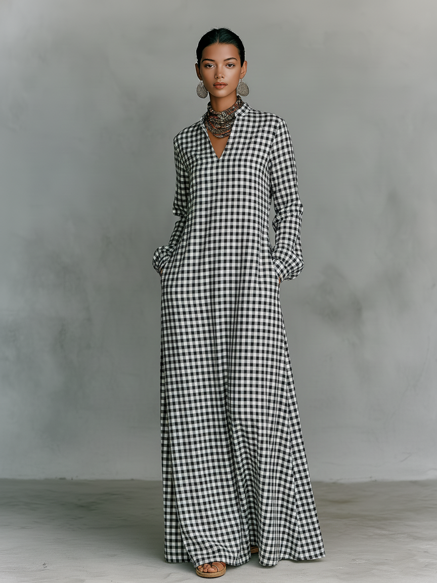 V Neck Long Sleeve Cotton Maxi Dress, Minimalist