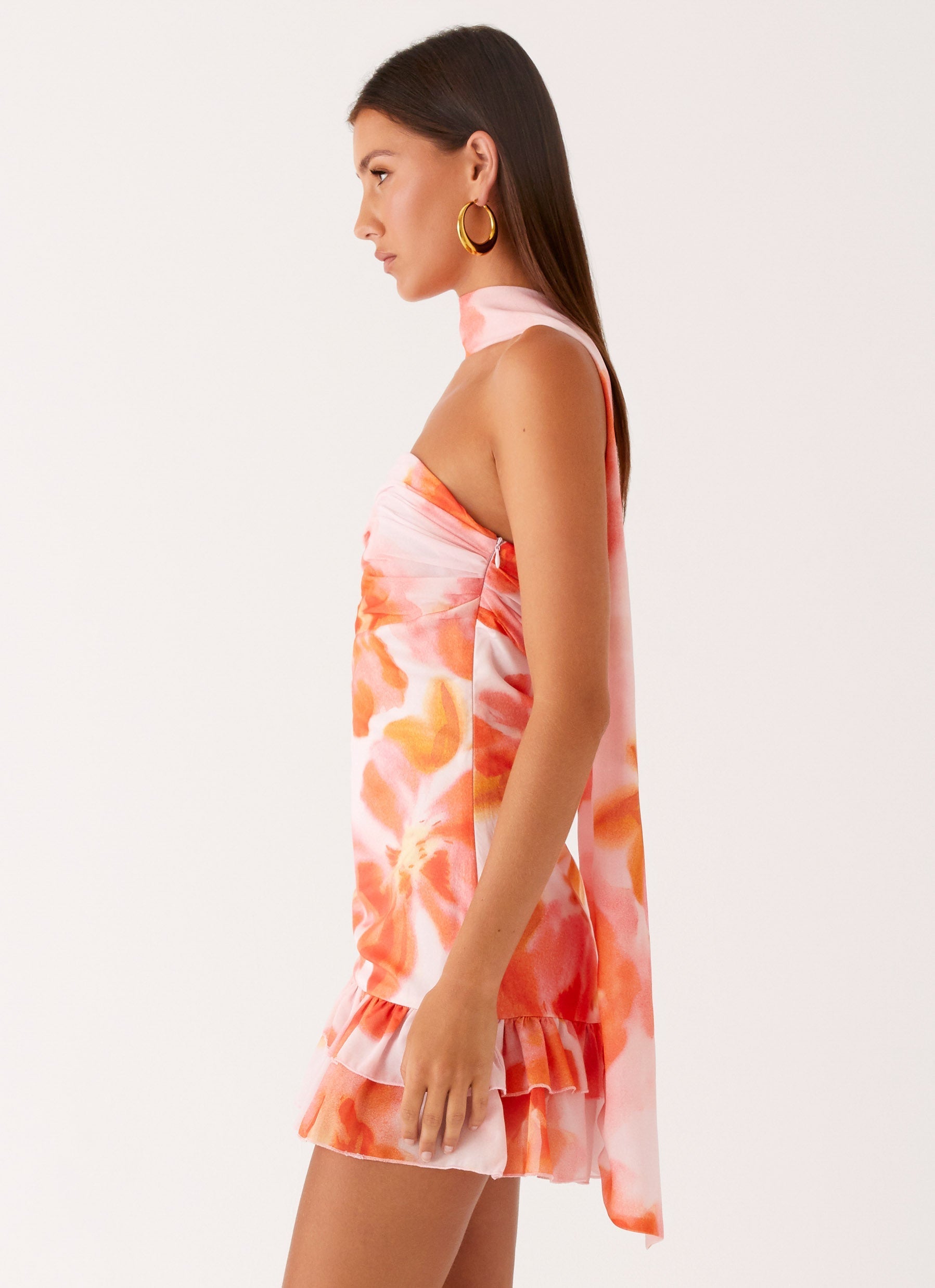 Manon Collection | Scarf Mini Dress with Ruched Side & Frilled Hemline | Exclusive Print for Summer Styling - Women's