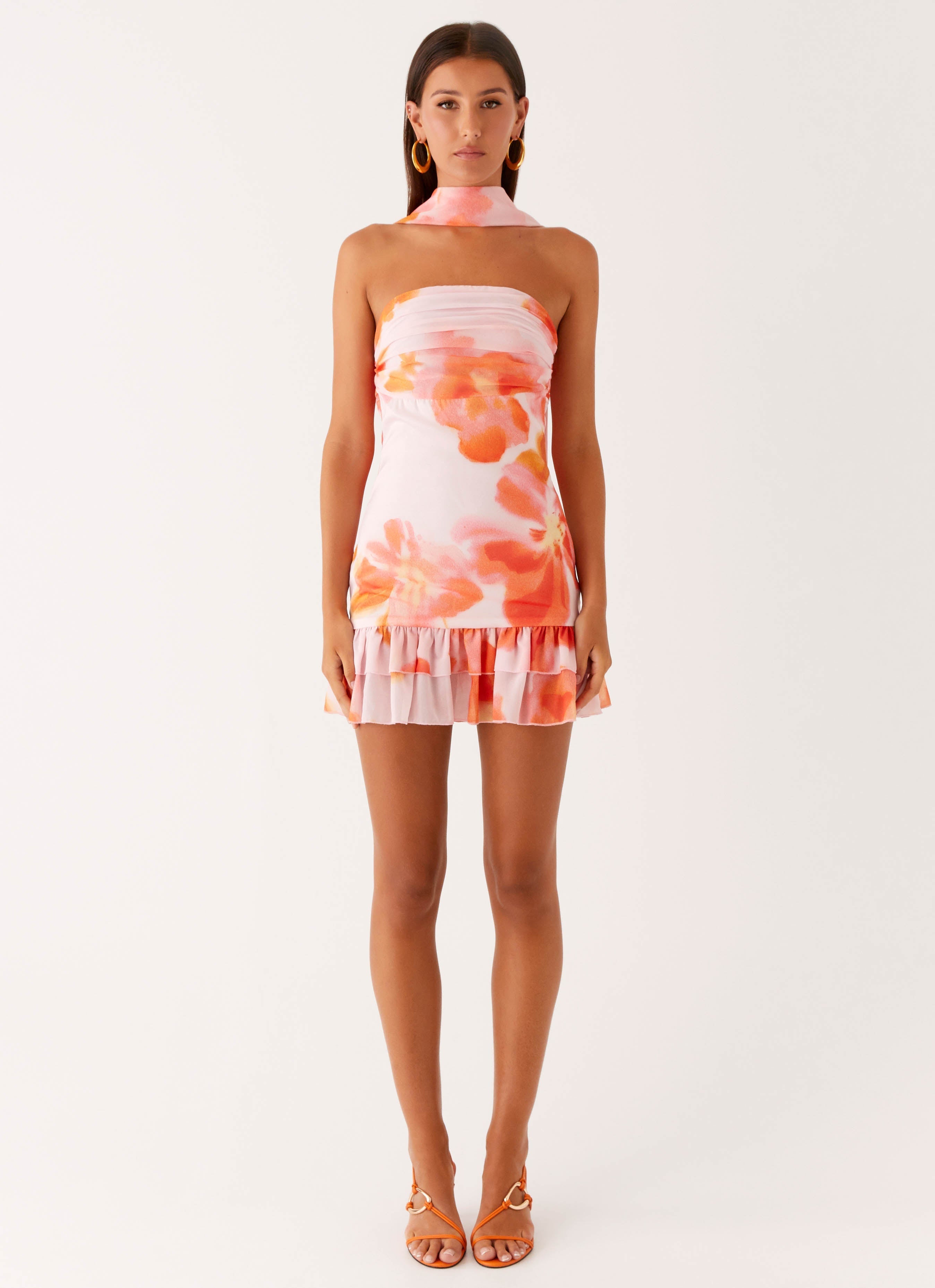 Manon Collection | Scarf Mini Dress with Ruched Side & Frilled Hemline | Exclusive Print for Summer Styling - Women's