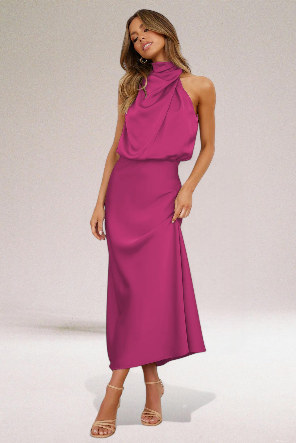 Women’s Halter Neck Elegant Dress – Luminous Formal Evening Gown Flattering Silhouette