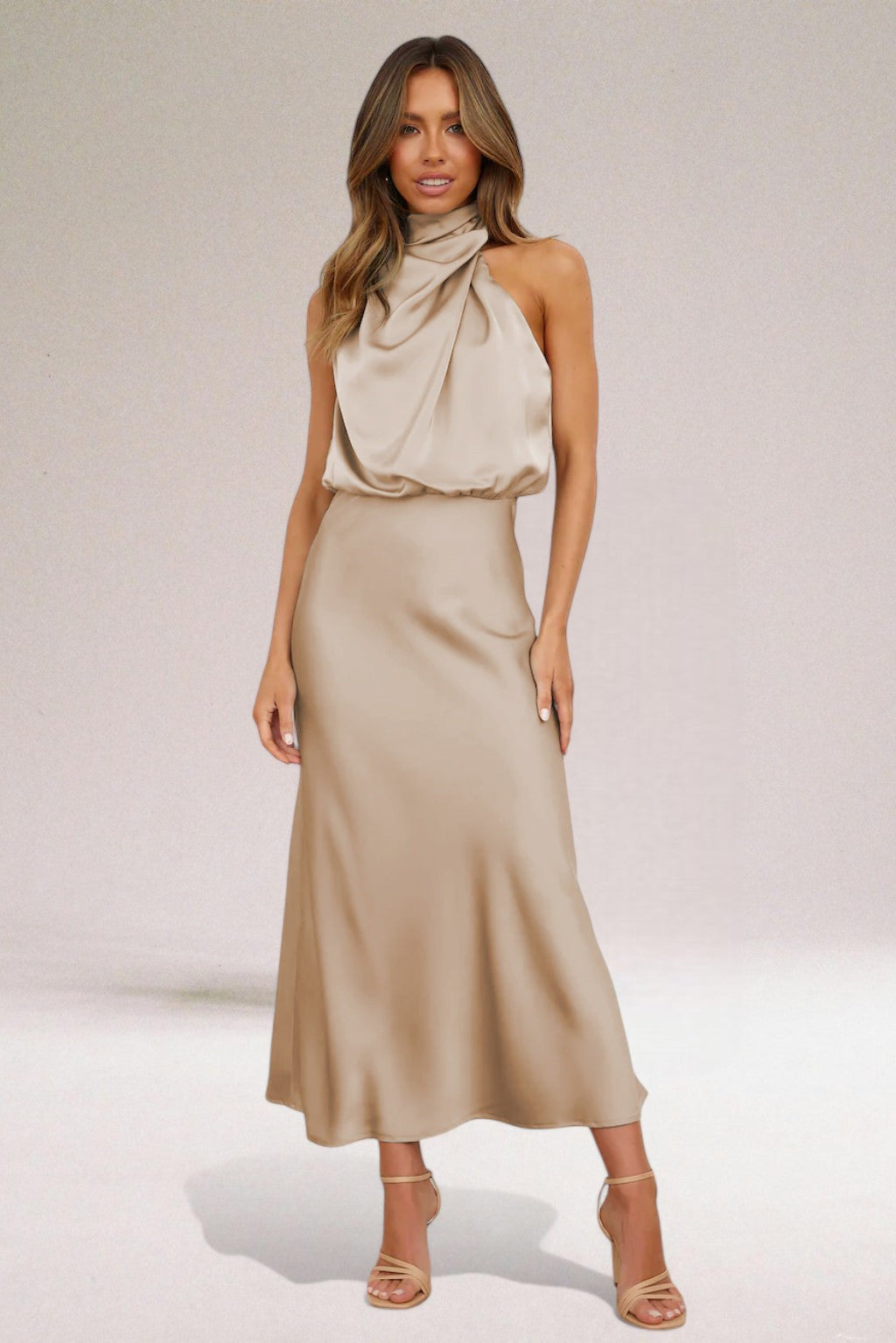 Women’s Halter Neck Elegant Dress – Luminous Formal Evening Gown Flattering Silhouette
