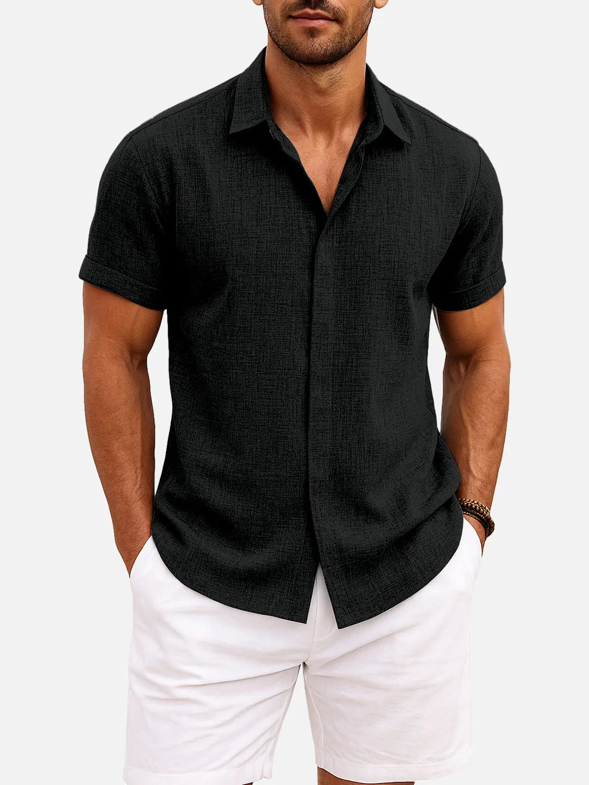 Men's Short Sleeve Linen Cotton Button Front Shirt