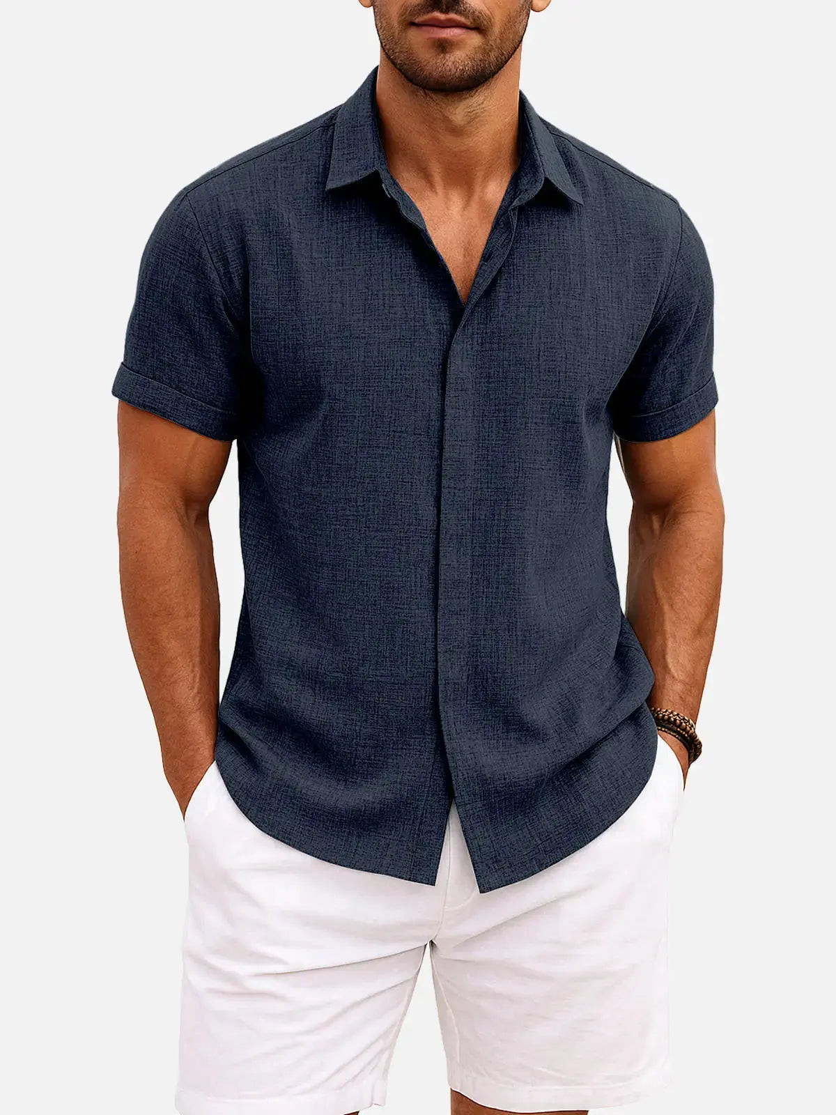 Men's Short Sleeve Linen Cotton Button Front Shirt