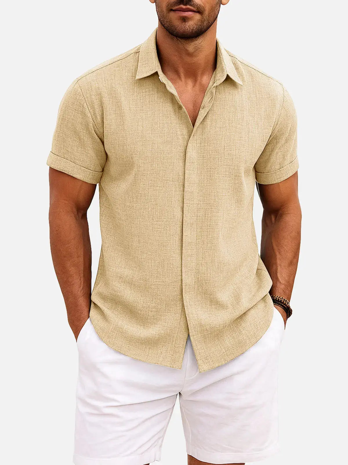 Men's Short Sleeve Linen Cotton Button Front Shirt
