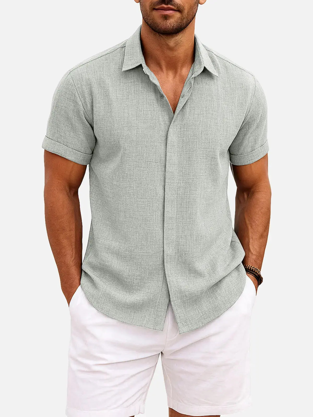 Men's Short Sleeve Linen Cotton Button Front Shirt