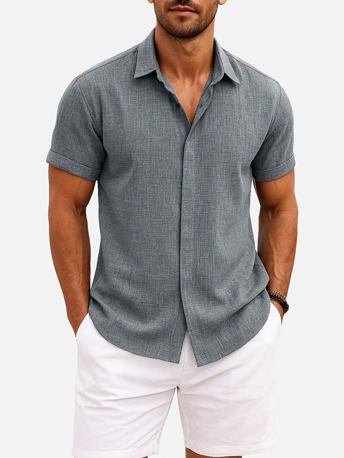 Men's Short Sleeve Linen Cotton Button Front Shirt