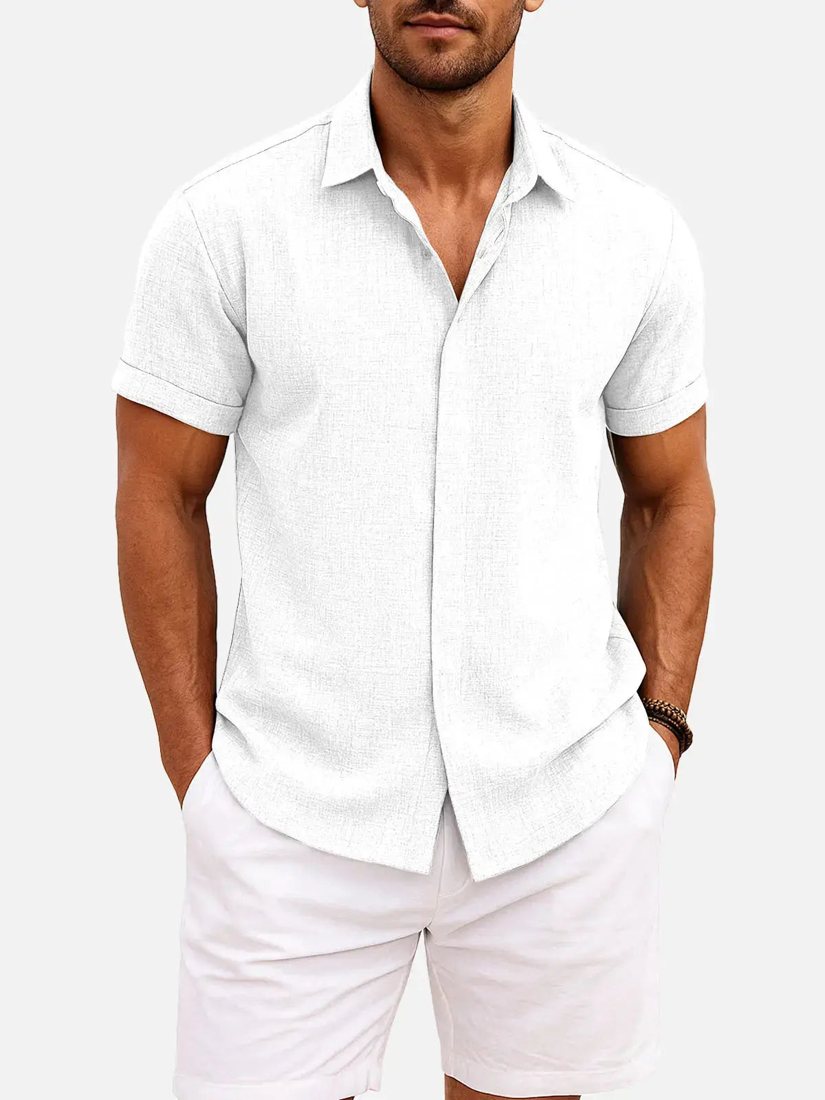Men's Short Sleeve Linen Cotton Button Front Shirt