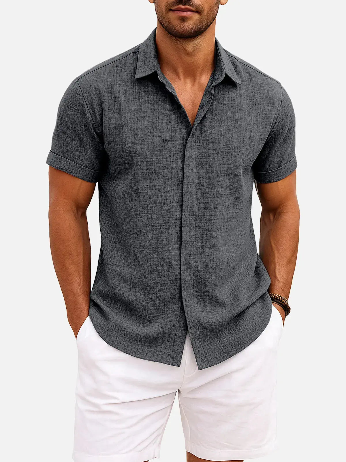 Men's Short Sleeve Linen Cotton Button Front Shirt