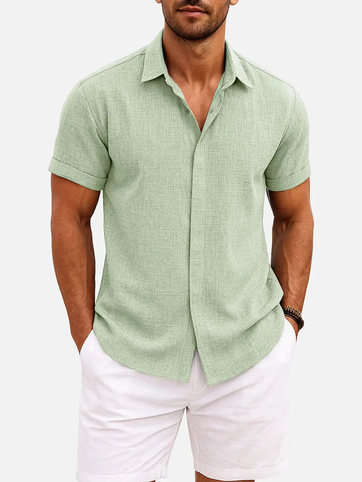 Men's Short Sleeve Linen Cotton Button Front Shirt