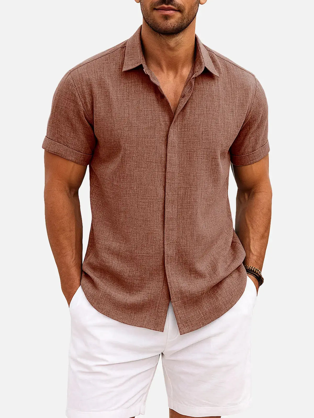 Men's Short Sleeve Linen Cotton Button Front Shirt
