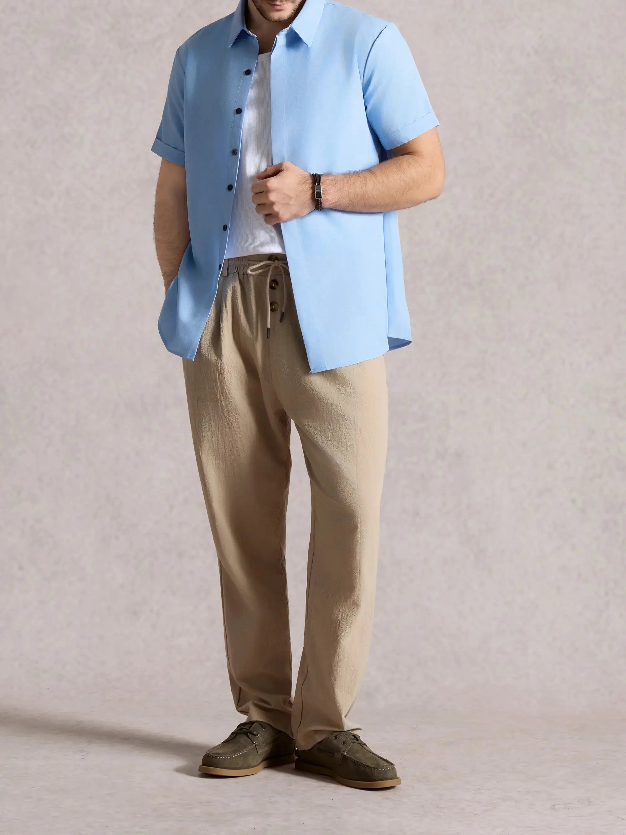 Men's Short Sleeve Linen Cotton Button Front Shirt