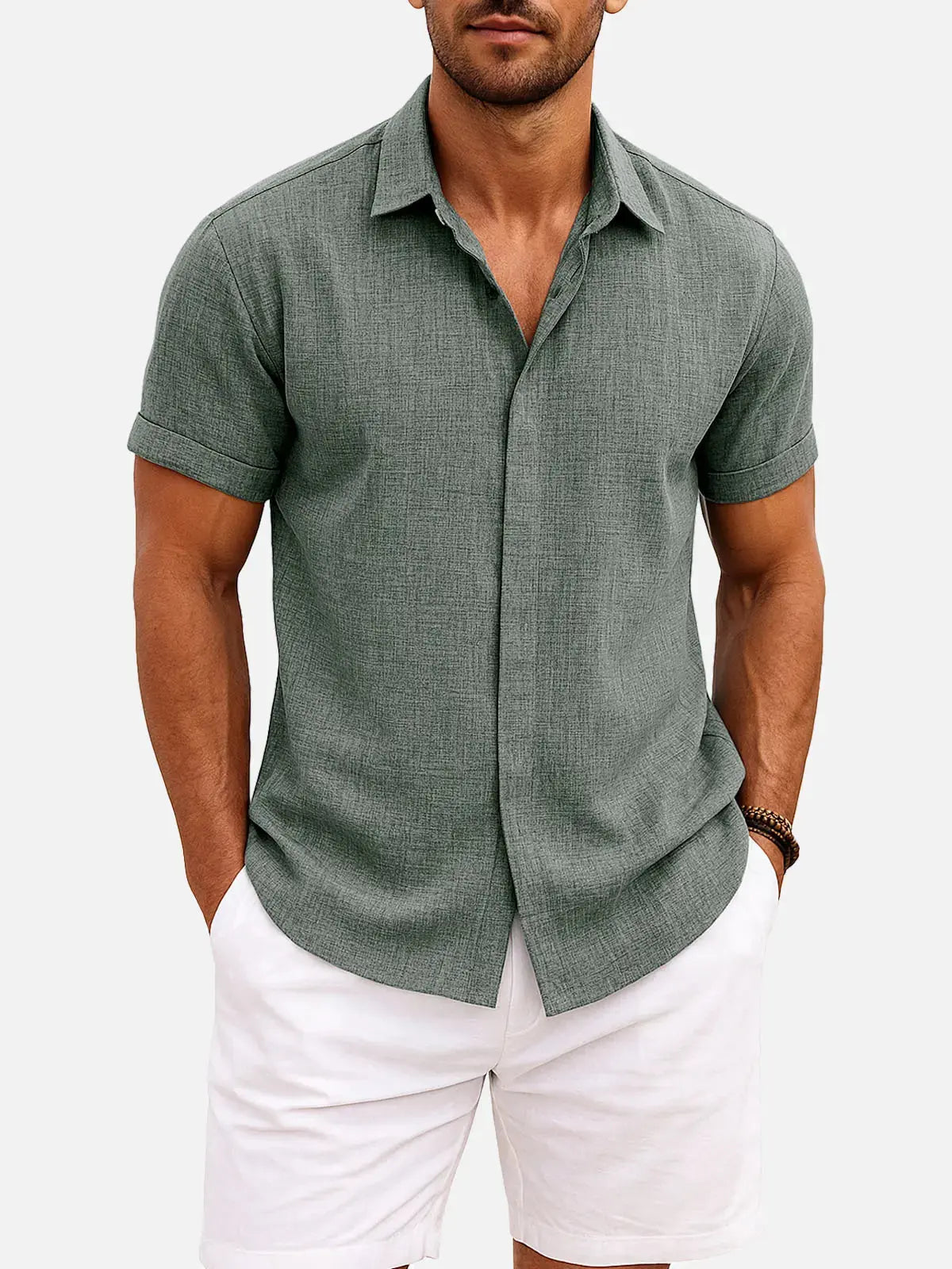 Men's Short Sleeve Linen Cotton Button Front Shirt