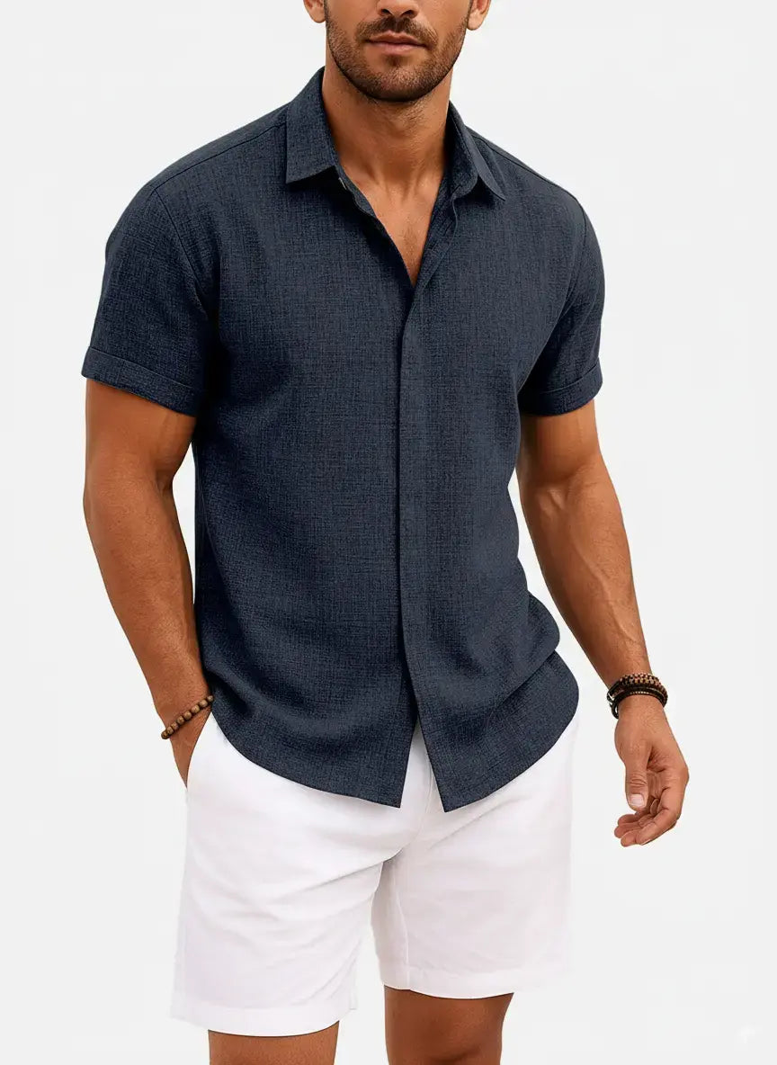 Men's Short Sleeve Linen Cotton Button Front Shirt