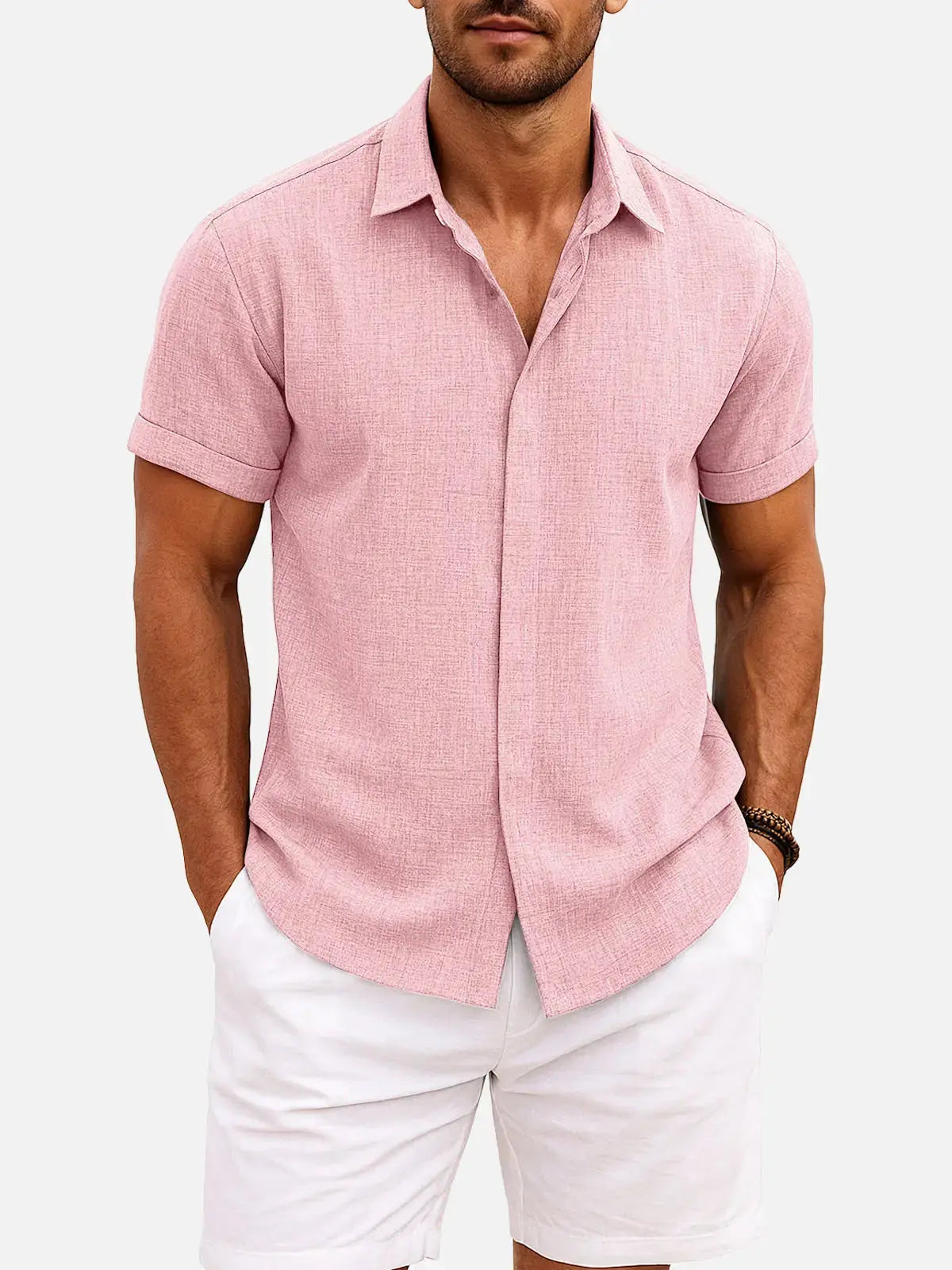 Men's Short Sleeve Linen Cotton Button Front Shirt