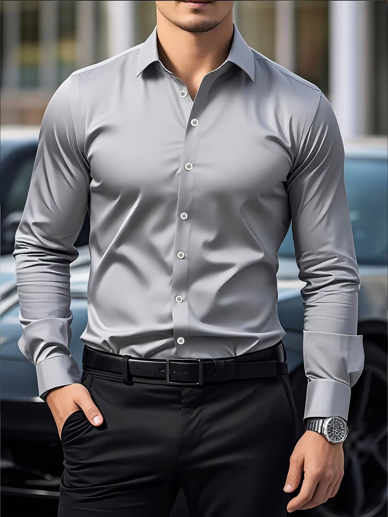 Men’s Slim Fit Stretch Dress Shirt – Wrinkle Resistant Spread Collar Button-Down Formal Business Shirt for Office & Events