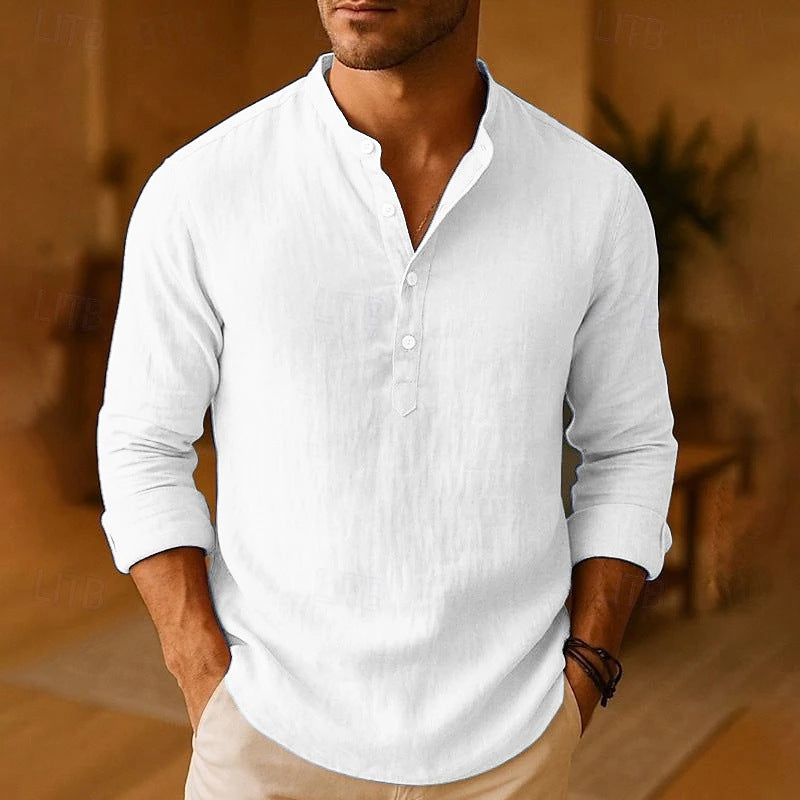 Mens Linen Henley Shirt, Long Sleeve Button Summer Top