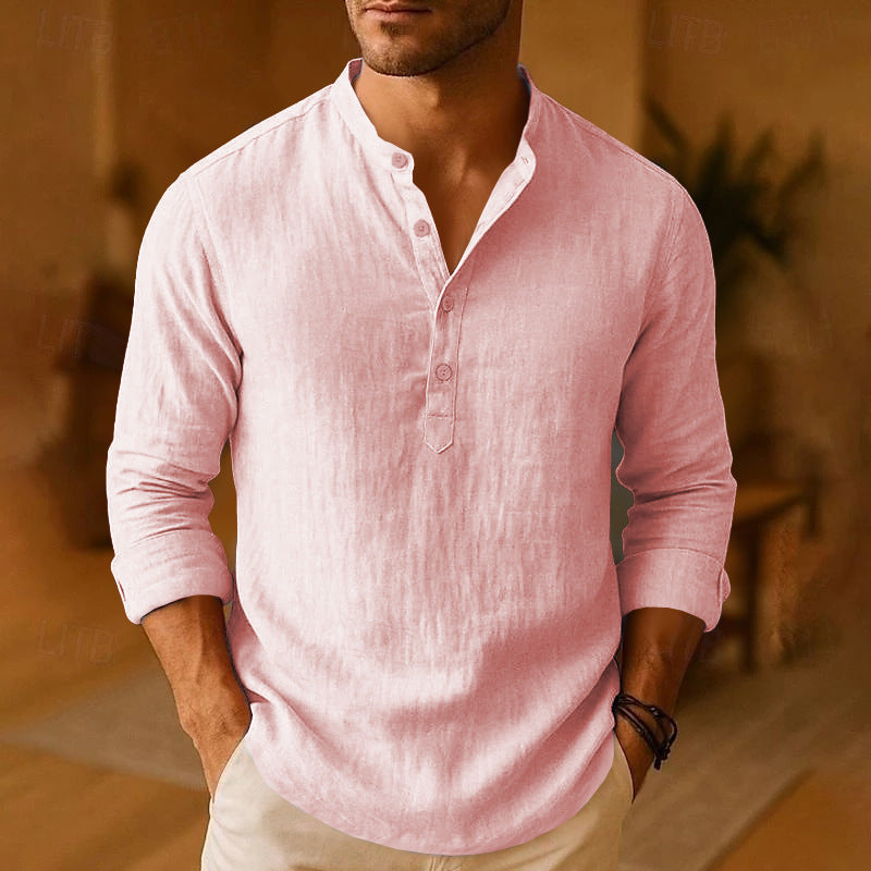Mens Linen Henley Shirt, Long Sleeve Button Summer Top