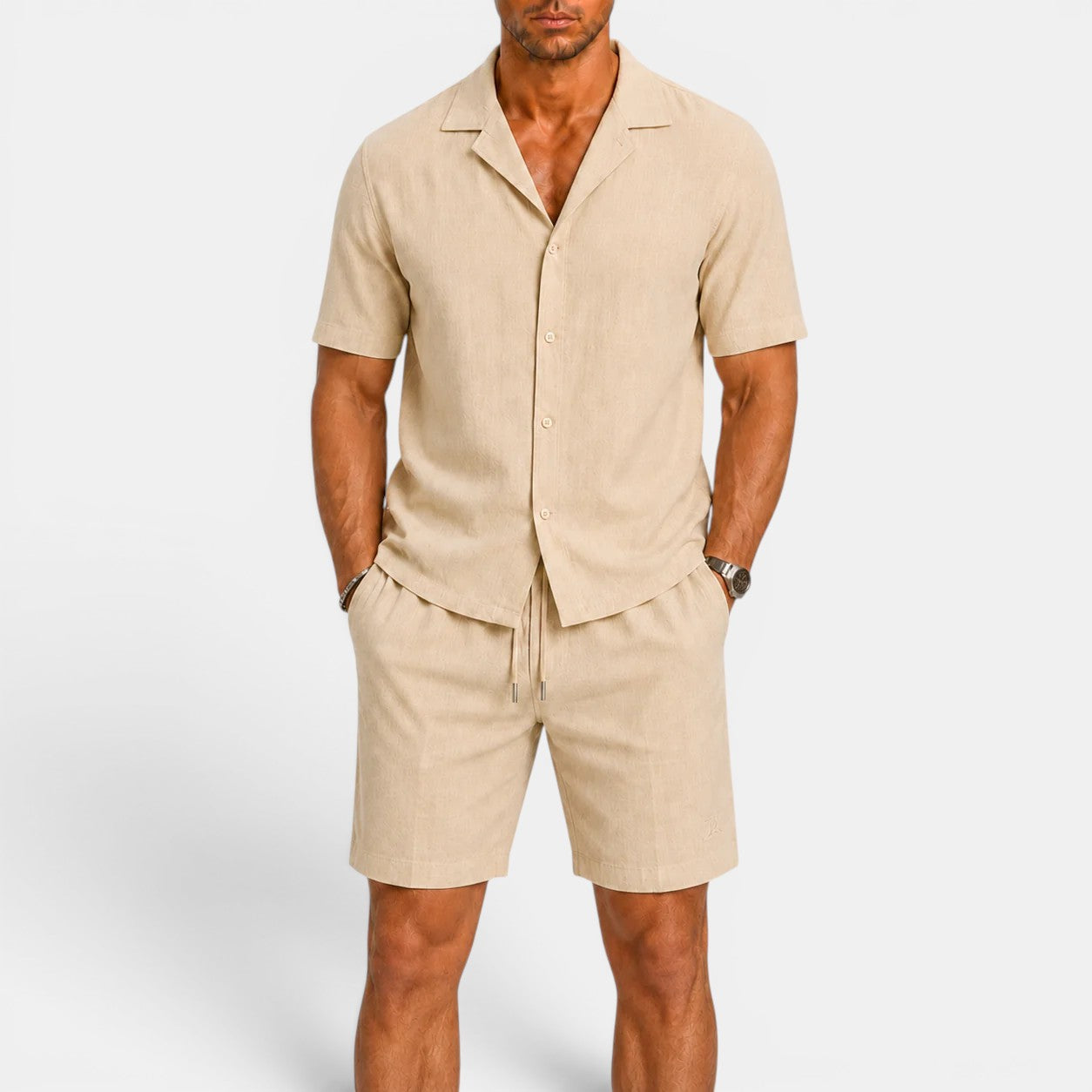 Men's Linen Shirt and Shorts Set, Matching Summer Outfit