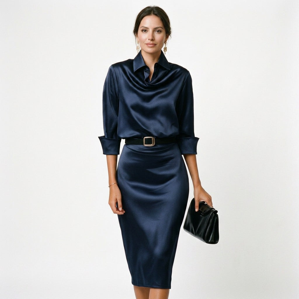 Navy Satin Midi Dress, Wedding Guest Cocktail Dress