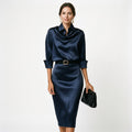 Navy Satin Midi Dress, Wedding Guest Cocktail Dress