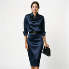Navy Satin Midi Dress, Wedding Guest Cocktail Dress