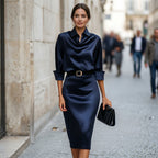 Navy Satin Midi Dress, Wedding Guest Cocktail Dress