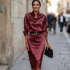 Navy Satin Midi Dress, Wedding Guest Cocktail Dress
