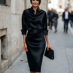 Navy Satin Midi Dress, Wedding Guest Cocktail Dress