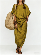 Olive Green Boho Maxi Dress, Linen Look with Pockets