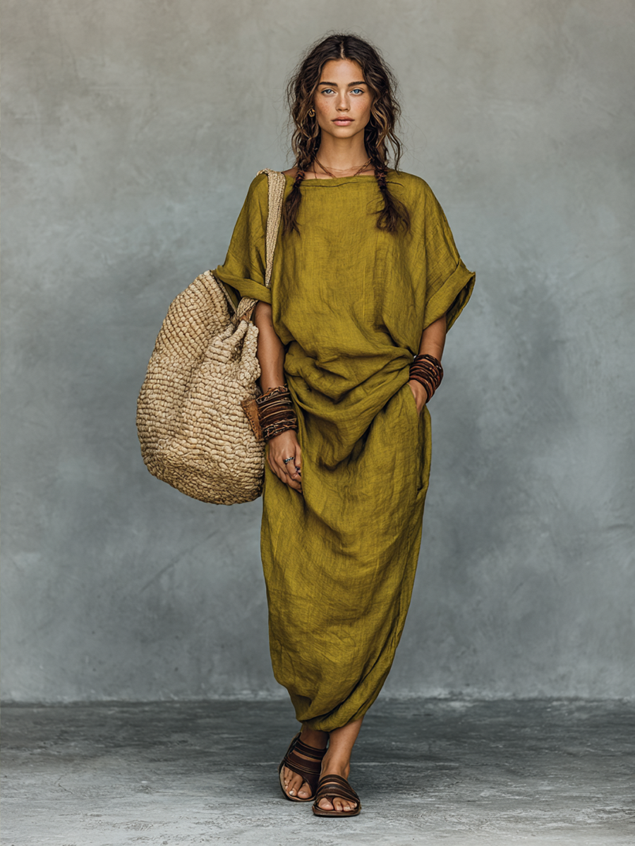 Olive Green Boho Maxi Dress, Linen Look with Pockets
