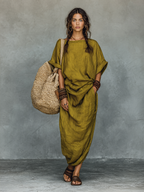 Olive Green Boho Maxi Dress, Linen Look with Pockets