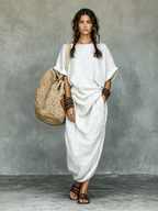 Olive Green Boho Maxi Dress, Linen Look with Pockets