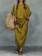 Olive Green Boho Maxi Dress, Linen Look with Pockets